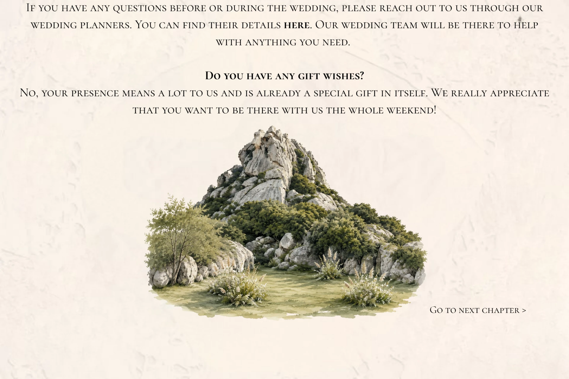 FAQ — questions and gift wishes, with a watercolour of the Sardinian rock