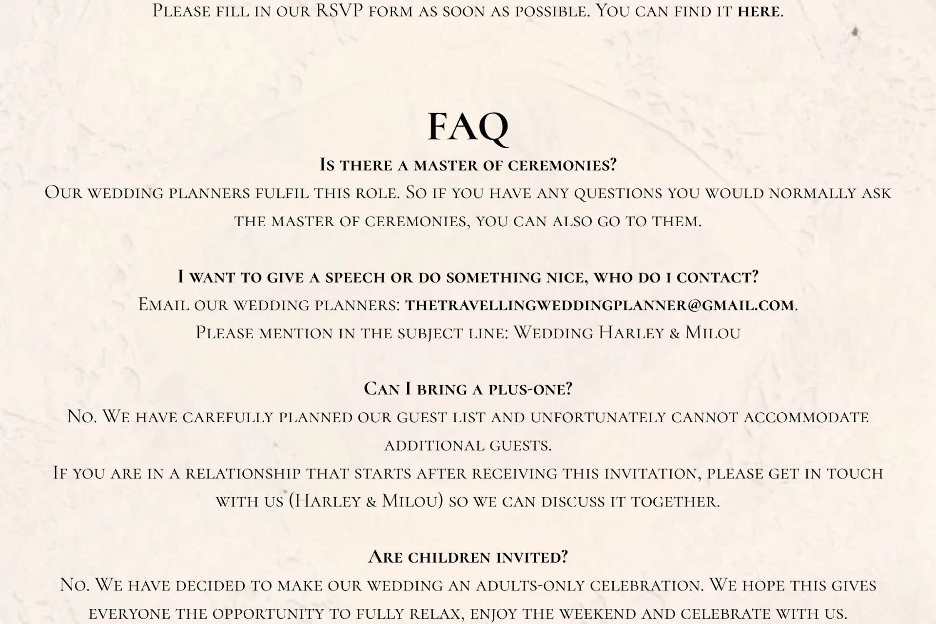 FAQ — master of ceremonies, speeches, plus-ones and children