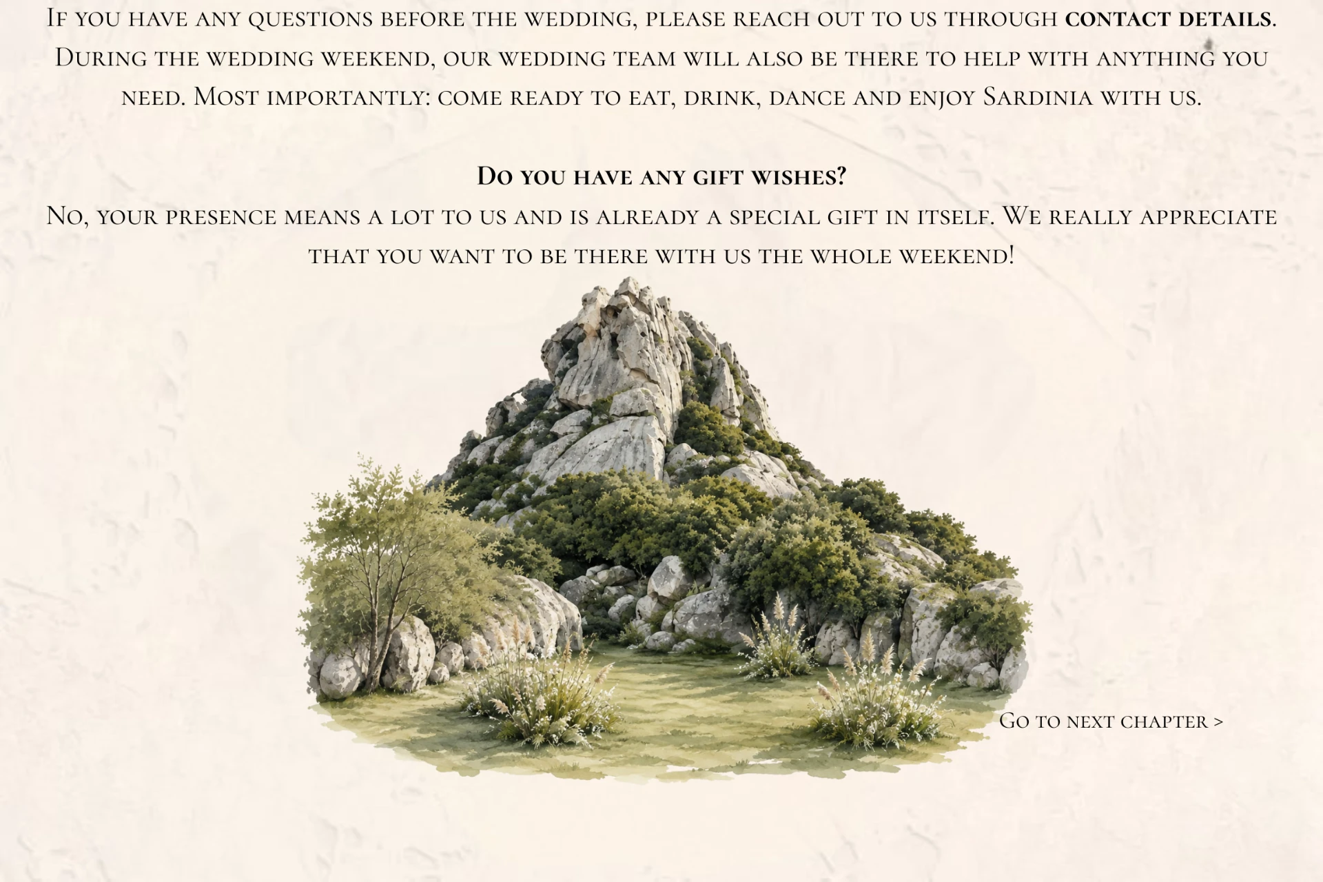 FAQ — questions and gift wishes, with a watercolour of the Sardinian rock