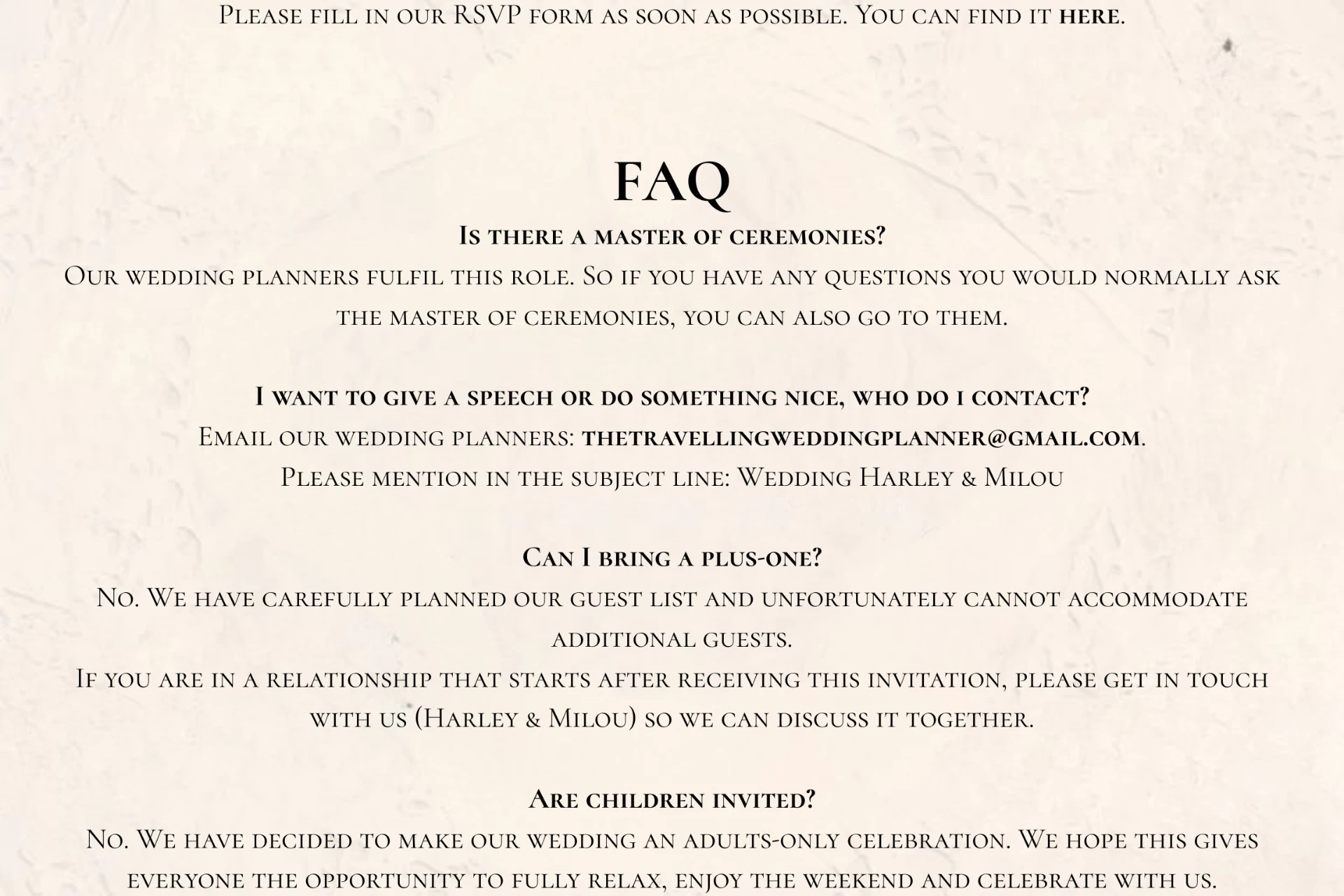 FAQ — master of ceremonies, speeches, plus-ones and children